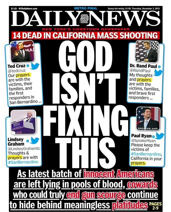 (Photo : 기독일보) 샌버나디노 총기 난사 사고와 관련, 기독교인들의 기도와 하나님을 조롱해 비판을 받은 뉴욕 데일리 뉴스