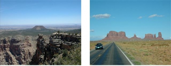 그랜드캐년 부근에 있는 Cedar Mountain (왼쪽)과 Monument Valley (오른쪽). 그랜드캐년을 비롯한 콜로라도 고원 일대에 두껍게 쌓여져 있었던 지층들이 평탄하게 침식당하고, 일부 지층만 남겨진 모습을 볼 수 있다. 풍화, 침식 당한 물질들이 그 주변에서 발견되지 않는다는 것이 공통적인 특징이다.   (사진: Ⓒ박창성)