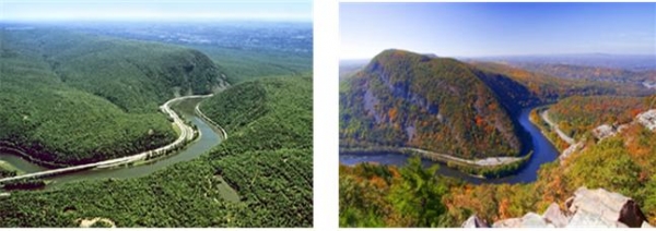 애팔래치아 산맥의 Delaware Water Gap. 사진에 보이는 강물이 높은 산을 가로질러 사행천의 형태로 구불구불 흐르고 있는데, 그랜드캐년에서 카이밥 고원을 가로질러 흘러가는 콜로라도 강과 매우 유사하다. 이와 같은 Water Gap은 산 전체를 덮는 대홍수 물이 지나갈 때 형성될 수 있으며, 전세계에서 천여 개나 발견되었다. 이것은 과거에 전지구적인 홍수가 있었음을 보여주는 증거이다.