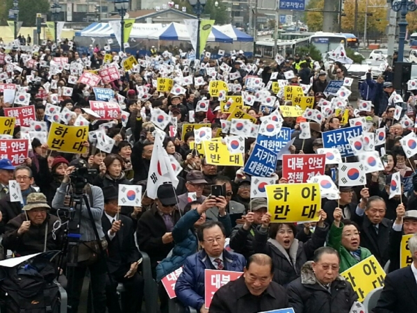 10일 낮 서울역 광장에서는 '새로운 한국을 위한 국민운동' 주최로 '대통령 하야반대 및 국가안보를 위한 집회'가 열렸다. 