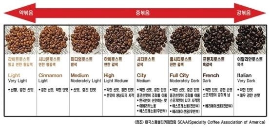 미국스페셜티커피협회 로스팅 정도에 따른 원두 기준