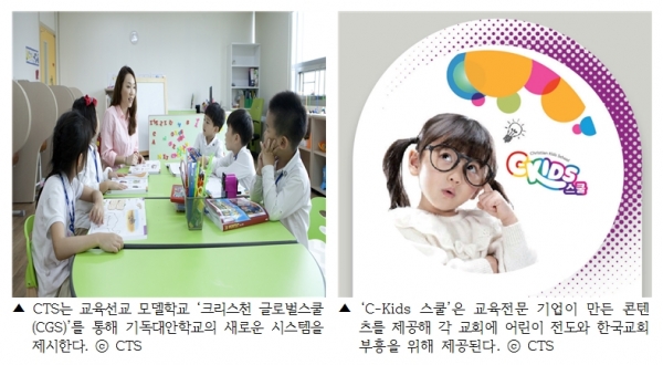 CTS는 교육선교 모델학교 ‘크리스천 글로벌스쿨     (CGS)’를 통해 기독대안학교의 새로운 시스템을     제시한다. ‘C-Kids 스쿨’은 교육전문 기업이 만든 콘텐     츠를 제공해 각 교회에 어린이 전도와 한국교회     부흥을 위해 제공된다.