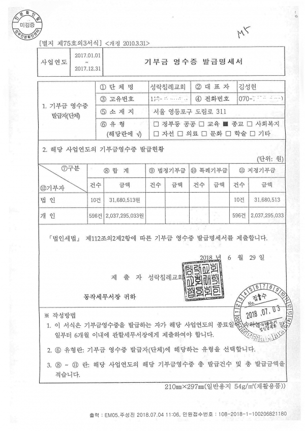 교회 기부금 영수증