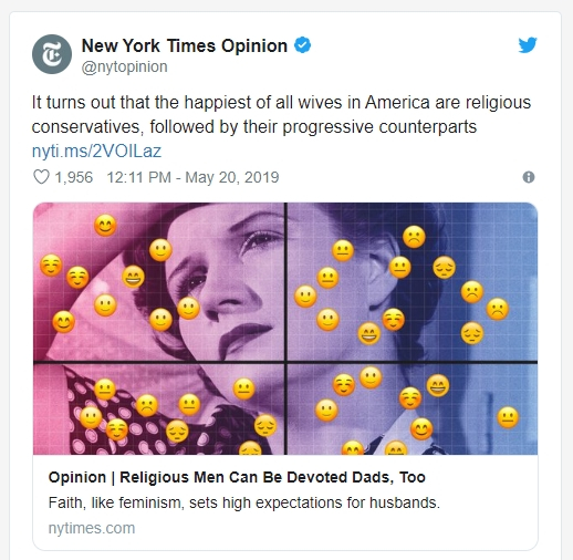 종교적으로 보수적인 가정의 아내가 결혼생활에서 가장 행복하다는 뉴욕타임스 보도 / 출처 = 뉴욕타임스 트위터 캡처