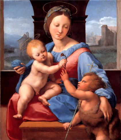 라파엘, <어린 세례요한과 함께 있는 마돈나와 아기 예수>,목판에 유채, 38.7x32.7cm, 국립미술관, 런던 Raphael  (1483–1520, The Madonna and Child with the Infant Baptist, Oil on wood panel, 38.7x32.7cm, the National Gallery, London 