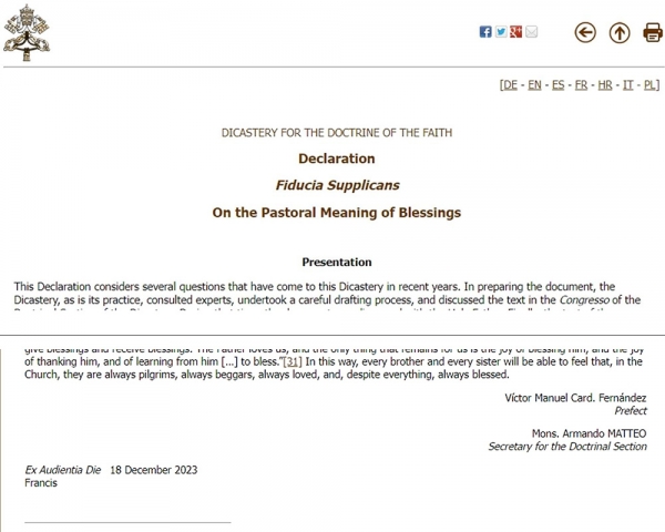 (위) 2023년 12월 18일 선포된 선언문인 ‘간청하는 믿음’은 동성 커플 축복을 목표로 한다. 위 이미지는 선언문의 제목 부분 선언문의 마지막 부분 (아래) 신앙교리성 책임자들과 교황의 이름이 적시되어 있다.