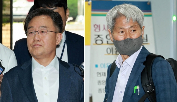 지난 대선에서 허위 인터뷰를 통해 윤석열 대통령의 명예를 훼손한 혐의를 받는 화천대유자산관리 대주주 김만배씨와 신학림 전 언론노조 위원장이 8일 구속 기소됐다. 사진은 화천대유자산관리 대주주 김만배(왼쪽) 씨와 전 언론노조위원장 신학림 씨가 지난달 20일 오전 서울 서초구 서울중앙지법에서 열린 구속전 피의자 심문(영장실질심사)을 받기 위해 법정으로 들어가는 모습. ⓒ뉴시스