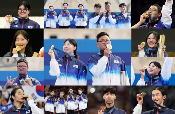 대한민국이 2024 파리 올림픽에서 금메달 13개, 은메달 9개, 동메달 10개 총 32개 메달로 이번 대회를 마쳤다. 사진은 2024 파리 올림픽 한국 금메달리스트 모습.사진 중앙은 2024 파리 올림픽 최우수선수(MVP)로 선정된 양궁 김우진·임시현. 사진 맨 왼쪽 상단부터 시계방향으로 사격 여자 10m 공기권총 오예진, 양궁 여자 단체 임시현·전훈영·남수현, 양궁 남자 단체 김우진·김제덕·이우석, 펜싱 남자 사브르 개인 오상욱, 사격 여자 권총 2