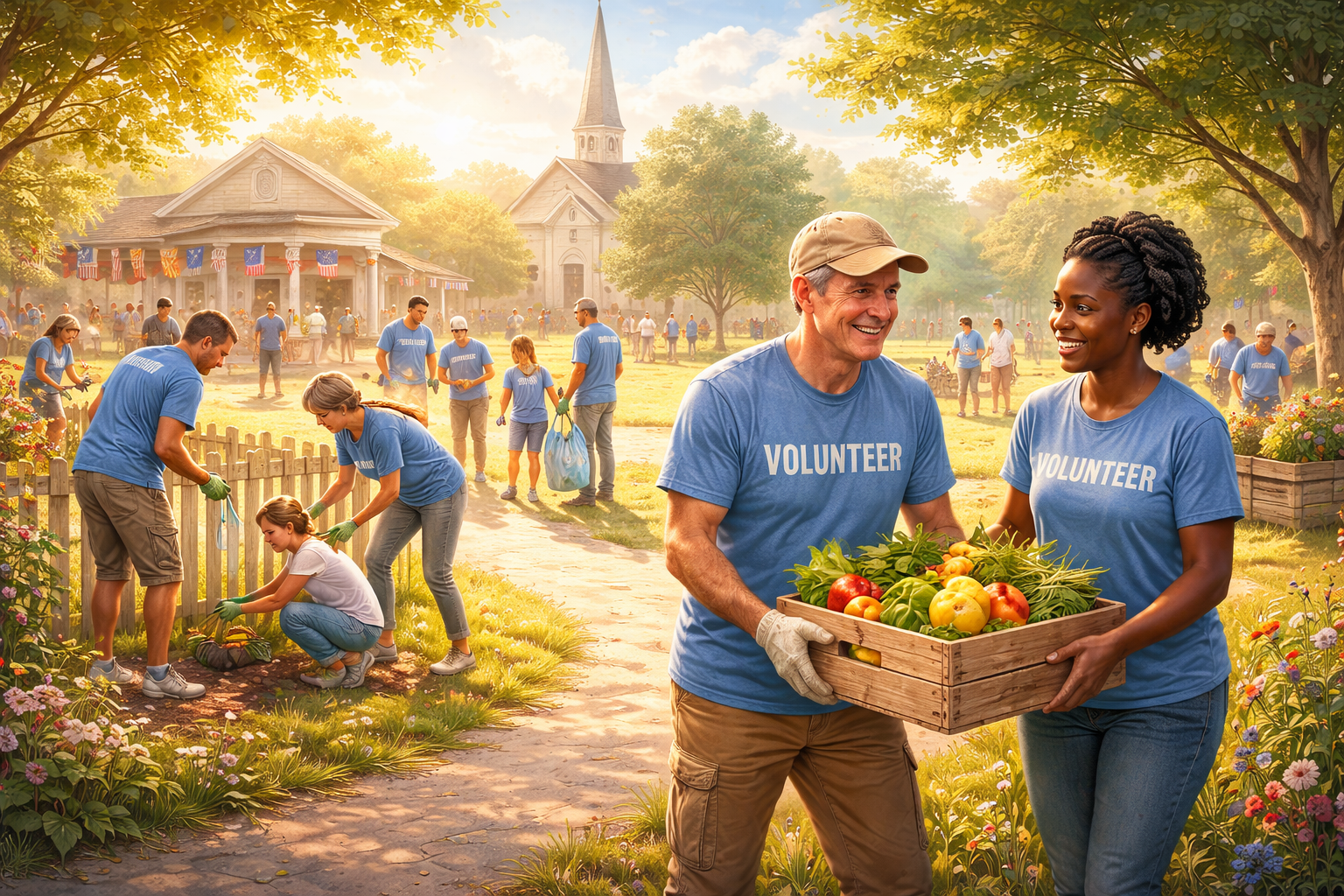 햇살 아래 봉사하는 사람들