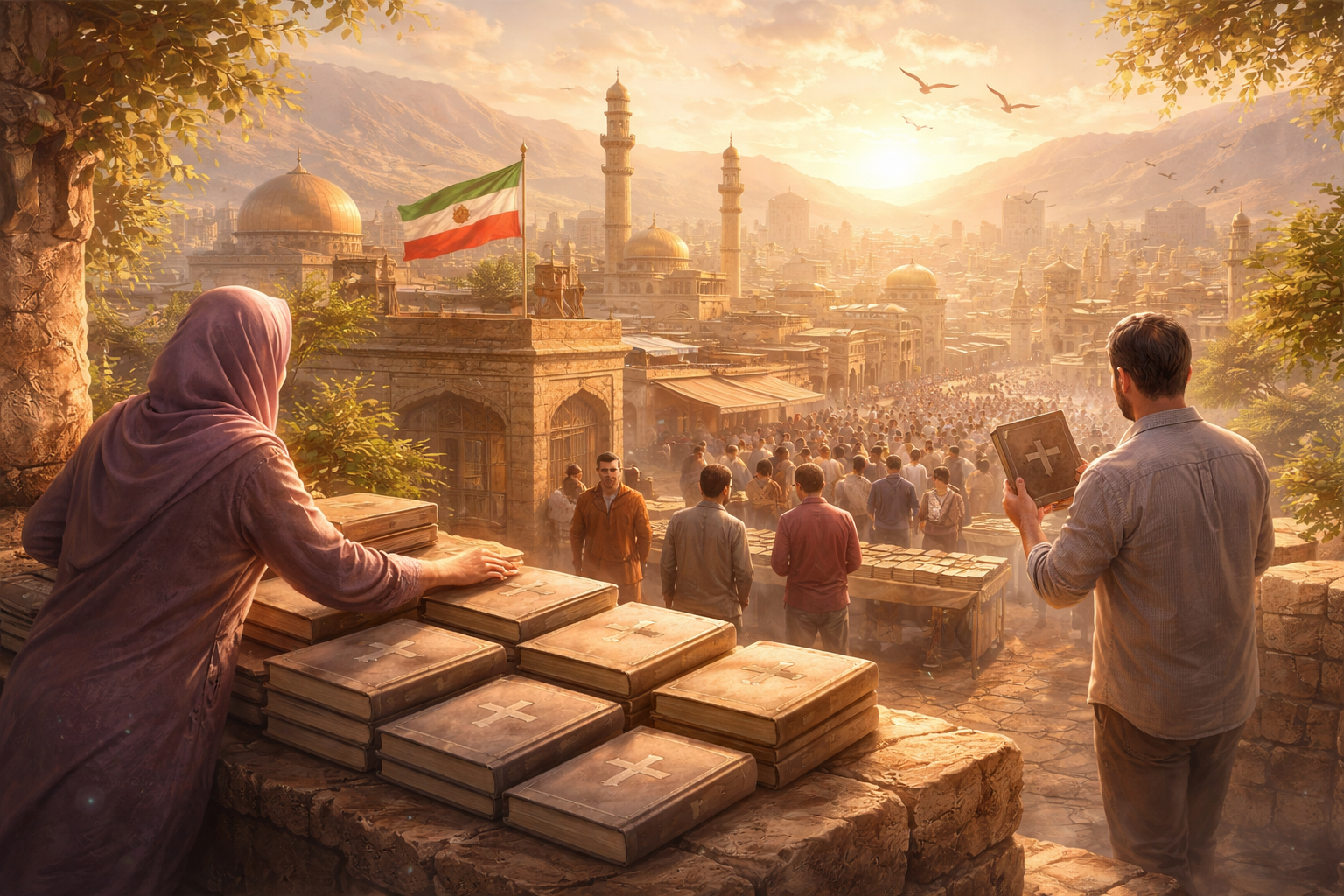 중동 도시의 황금빛 저녁