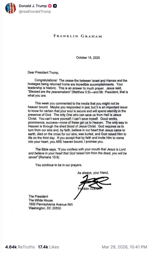 도널드 트럼프 미국 대통령이 친트럼프 성향 목사의 편지를 소셜미디어 트루스 소셜에 올렸다