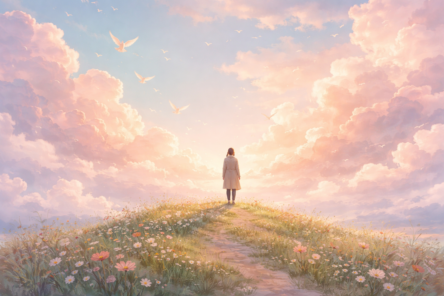 평화로운 일출 속 여정