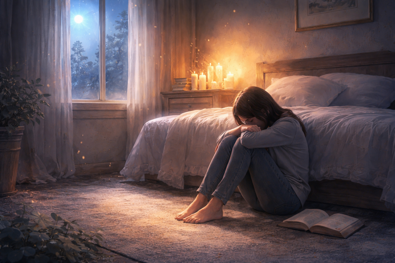 어두운 방에 혼자 앉아있는 여성