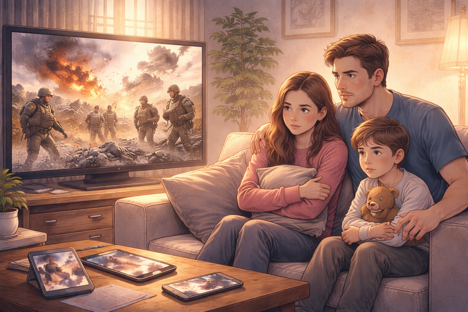 전쟁 영상에 가슴 아파하는 가족