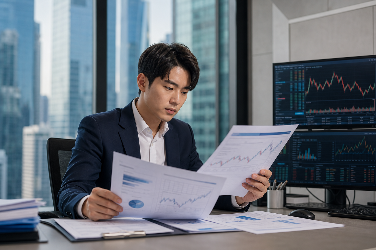 한국 증시 전망과 반도체 실적 자료를 확인하는 투자자의 모습. 이미지=AI 생성 / 기독일보