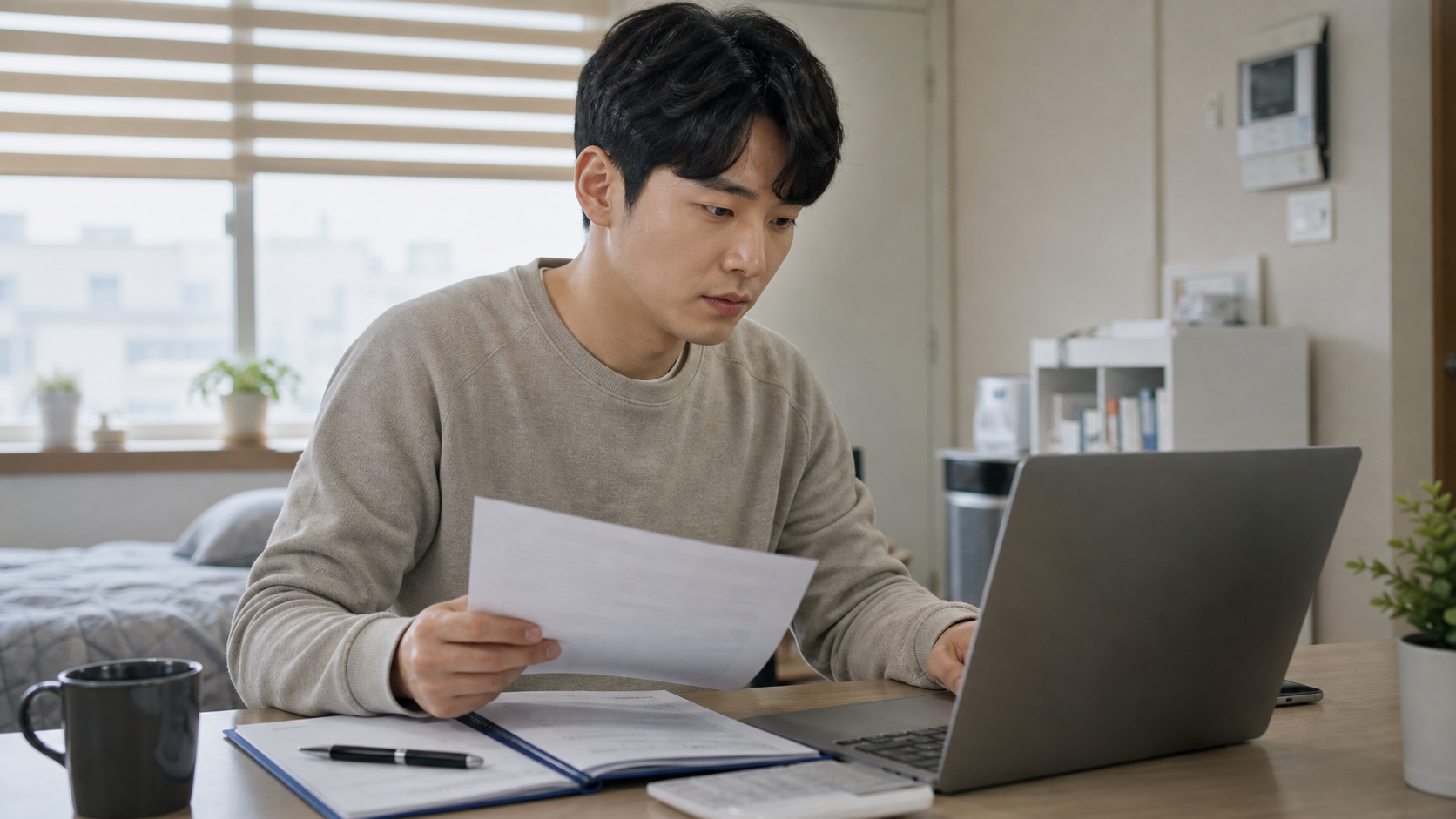 전세보증금 반환보증 서류와 신청 화면을 확인하는 청년의 모습. 이미지=AI 생성 / 기독일보