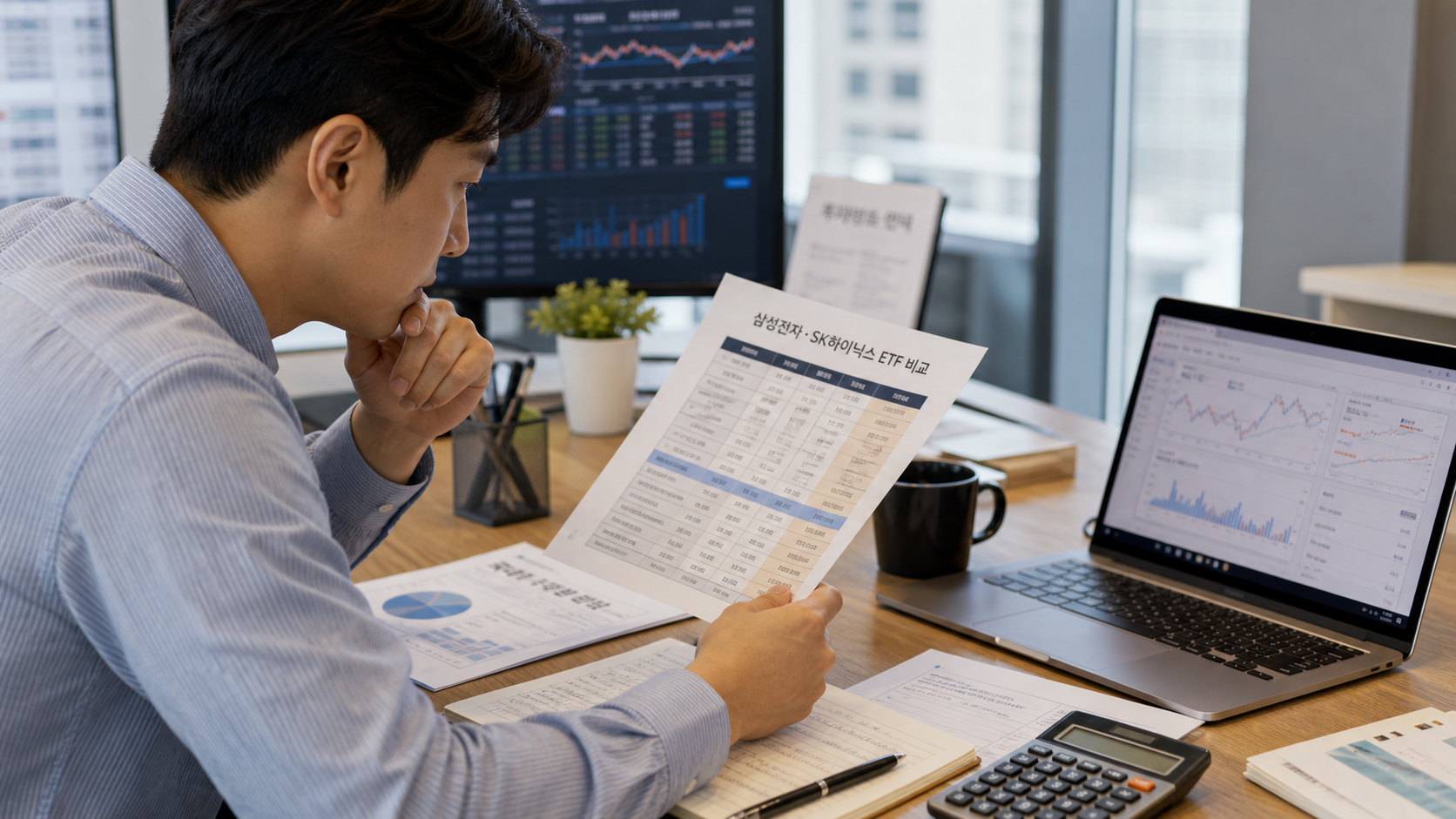 투자자가 여러 반도체 ETF 상품의 조건을 비교하는 모습. 이미지=AI 생성 / 기독일보