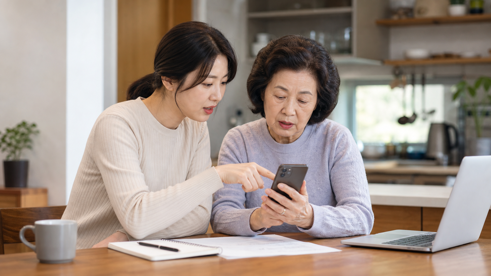 부모님 스마트폰의 낯선 앱과 보안 설정을 함께 확인하는 가족의 모습. 이미지=AI 생성 / 기독일보