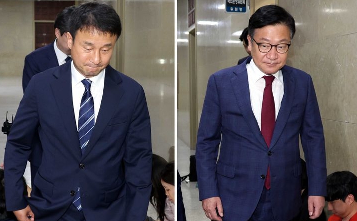 한병도 더불어민주당 대표 직무대행 겸 원내대표와 정점식(오른쪽 사진) 국민의힘 원내대표가 지난 26일 오후 서울 여의도 국회 운영위원장실에서 각 상임위원장 등 원구성 관련 여야 2+2 회동을 마치고 나오고 있다.