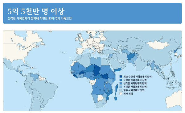 심각한 사회경제적 장벽에 직면한 기독교인은 33개국 5억 5,000만 명 이상이다. 색이 진할수록 성경 접근 제한이 심한 국가이다.