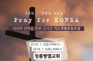 2017년의 첫 시작의 문을 열며 대한민국을 위해 애타게 기도했던 기도연합운동모임인 “Pray for Korea”가 2018년 1월 5일 금요일, 정릉벧엘교회에서 모임을 갖게 된다.