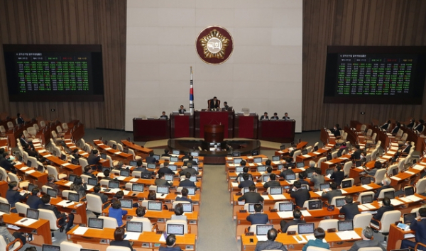  7일 서울 여의도 국회에서 열린 제376회국회(임시회) 제10차 본회의에서 공직선거법 일부개정법률안이 가결되고 있다.