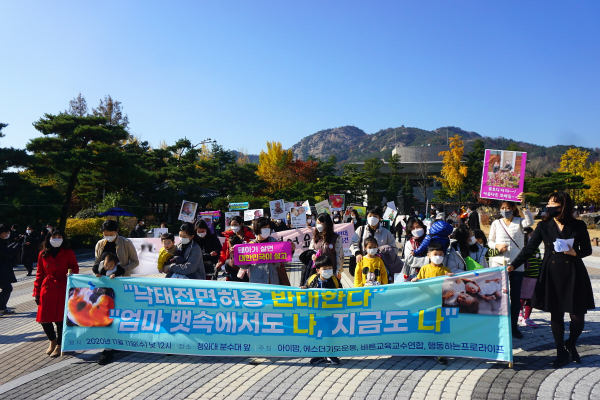 k-프로라이프, 에스더기도운동본부, 바른교육교수연합 등 9개 단체는 11일 청와대 분수앞에서 아가와 엄마의 태아생명 살리기 행진‘우리 모두 태아였다’기자회견을 진행했다. 