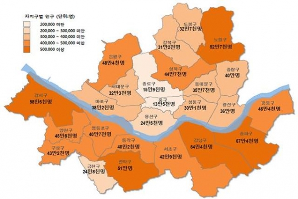 서울시 자치구별 인구 현황.
