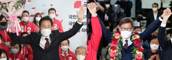 각각 서울시장과 부산시장에 당선된 오세훈 후보(왼쪽), 박형준 후보.