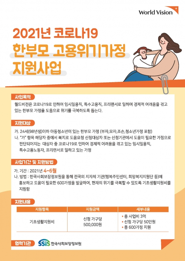 얼드비전 한부모 고용위기가정 지원사업 포스터