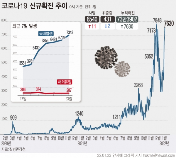 23일 0시 기준 코로나19 확진자는 전날 대비 7630명 늘어 누적 73만3902명이다. 국내 발생 확진자는 7343명이다. 지역별로 경기 2667명, 서울 1634명, 인천 589명 등 수도권에서 4890명(66.6%)이 발생했다. ⓒ뉴시스