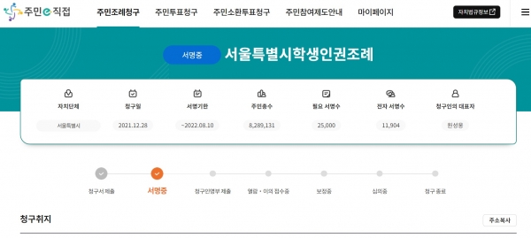 주민e직접 서울특별시학생인권조례 폐지 청구안